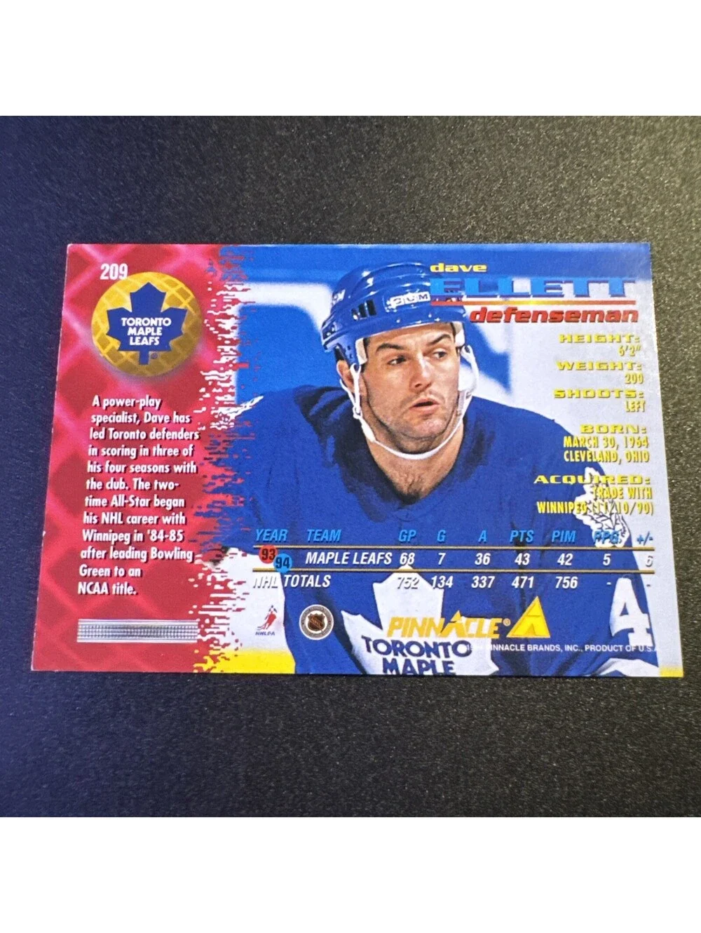 1994-95 Pinnacle - Dave Ellett #209 - TTM Autographed! No COA